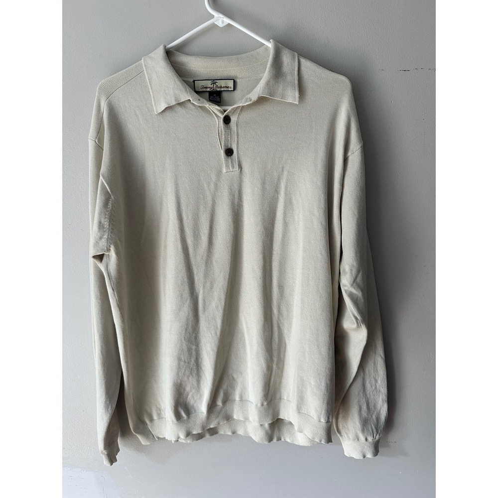 Tommy Bahama Mens Silk Blend Knit Polo Sweater Cream Beige Long Sleeve Medium